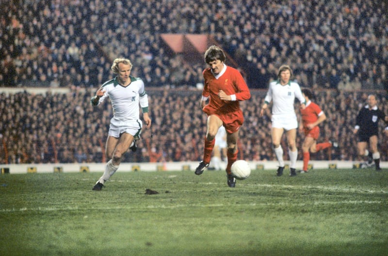 Liverpool winger Steve Heighway and Borussia Monchengladbach defender Berti Vogts playing in the 1977 European Cup Final at the Stadio Olimpico, Rome, 25th May 1977. Liverpool won the match 3-1. (Photo by Getty Images)