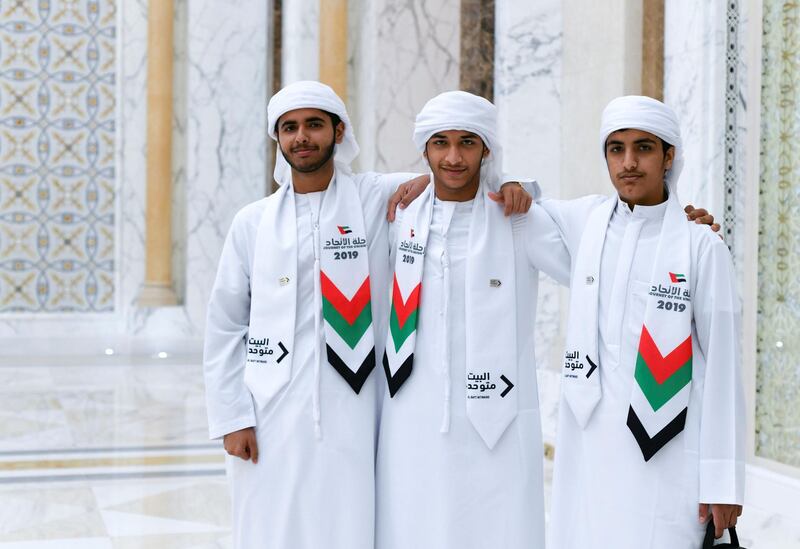 Abu Dhabi, United Arab Emirates - From Left, Omar Al Hasawi from Umm Al Quwain, Dean Al Mesafri, and Eissa Saeed from Ras Al Khaimah, two from each Emirate are chosen on this journey. Khushnum Bhandari for The National
