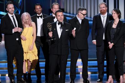 British producer Ben Winston accepts the Emmy for Elton John Live: Farewell from Dodger Stadium. EPA 