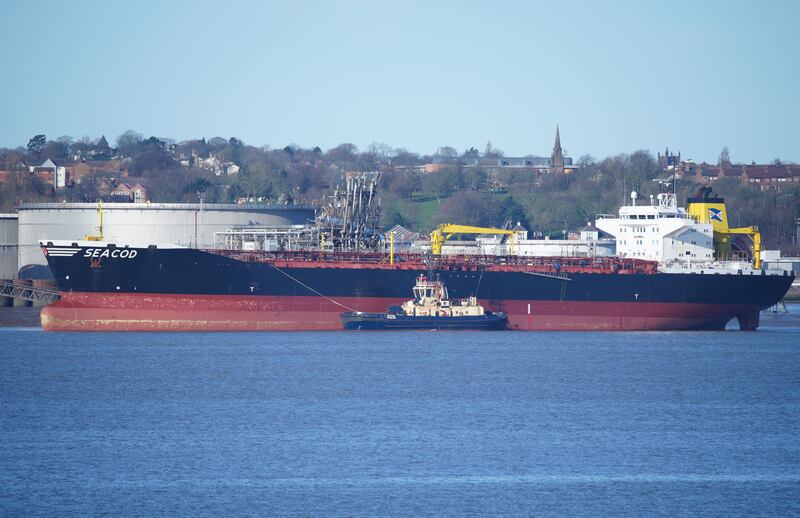 The German-flagged 'Seacod' oil tanker moored at Birkenhead Docks near the Stanlow Oil Refinery in the UK.