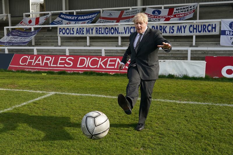 Boris Johnson practices his football skills as he visits Hartlepool United Football Club on April 23, ahead of the May 6 by-election.