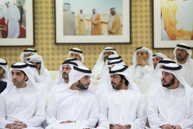 ABU DHABI, UNITED ARAB EMIRATES - July 2, 2014: (L-R) HH Sheikh Hazza bin Tahnoon Al Nahyan Under-Secretary to the Ruler's Representative of the Eastern Region, HH Dr Sheikh Hazza bin Sultan bin Zayed Al Nahyan, HH Sheikh Khalifa bin Tahnoon bin Mohamed Al Nahyan and HE Dr Hamdan Almazrouei Chairman of the General Authority of Islamic Affairs and Endowments listen to a lecture by Dr Ahmed Abbadi (not seen), titled “The Making of Mankind in Light of the Holy Revelation” at Al Bateen Palace. 
( Donald Weber / Crown Prince Court - Abu Dhabi  )
---