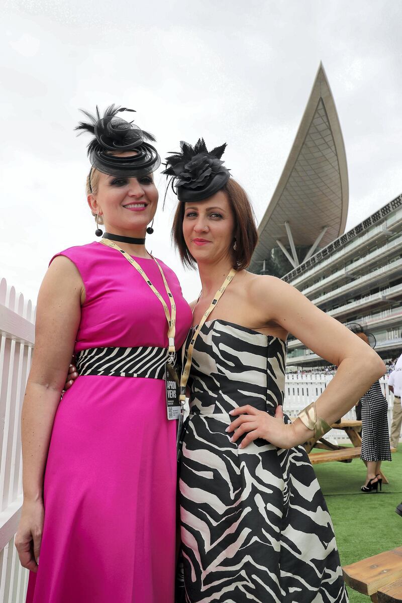 DUBAI , UNITED ARAB EMIRATES , MARCH 30  – 2018 :-  Left to Right – Ana and Monica before the start of Dubai World Cup held at Meydan Racecourse in Dubai. ( Pawan Singh / The National ) For News/Sports/Instagram/Big Picture. Story by Amith/Rupert