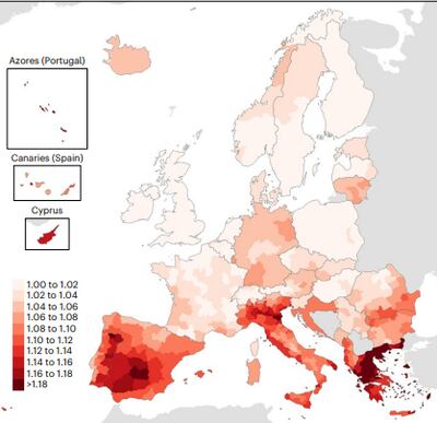 A map showing the risk of heat death across Europe during the hottest temperatures last summer. PA