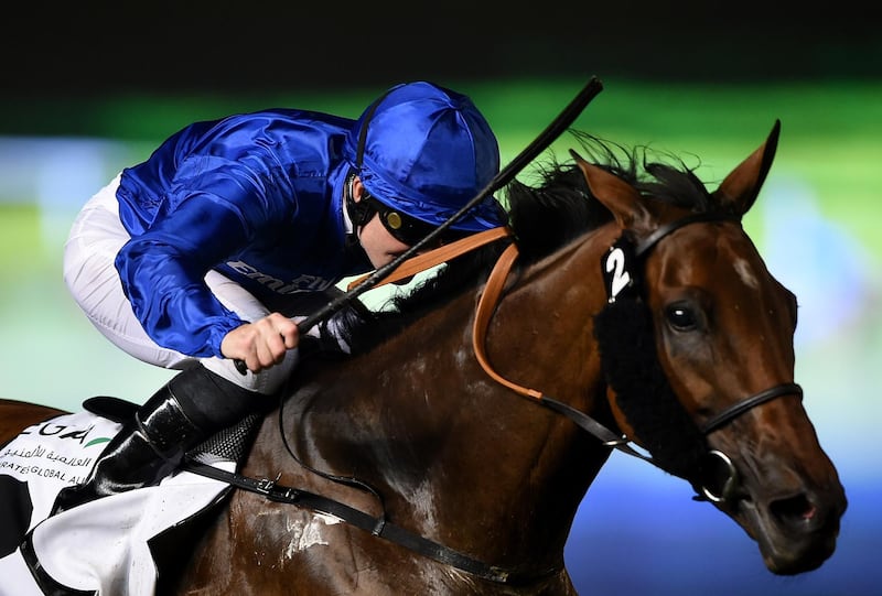 DUBAI, UNITED ARAB EMIRATES - JANUARY 25:  Patrick Cosgrave riding Promising Run wins the Cape Verdi Race during the Dubai World Cup Carnival Races at Meydan Racecourse on January 25, 2018 in Dubai, United Arab Emirates.  (Photo by Tom Dulat/Getty Images)