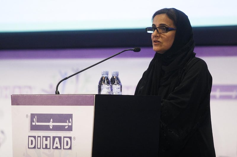Sheikha Lubna Al Qasimi at the Dubai International Humanitarian Aid and Development Conference on Tuesday. Lee Hoagland / The National
