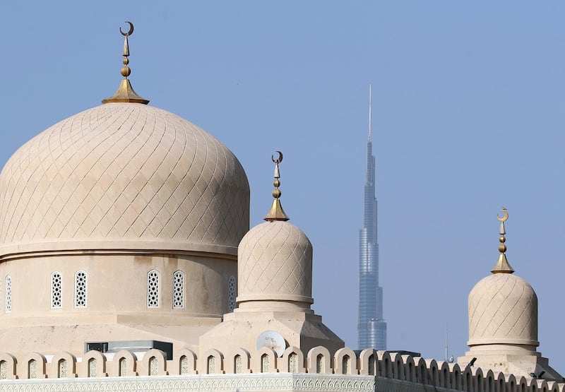 Masjid Rawda Al Abrar with the Burj Khalifa at sunset in Dubai on April 22nd, 2021. Chris Whiteoak / The National. 
Reporter: N/A for News