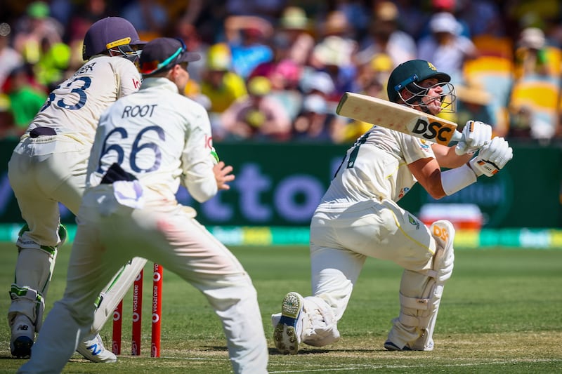 Australia's David Warner hooks England's Jack Leach for four runs. AFP