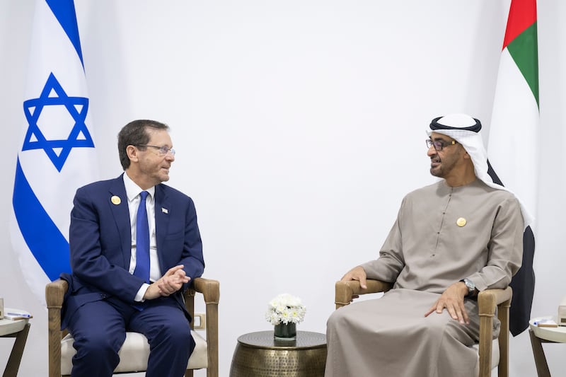 Sheikh Mohamed meets with President of Israel Isaac Herzog. Hamad Al Kaabi / UAE Presidential Court 