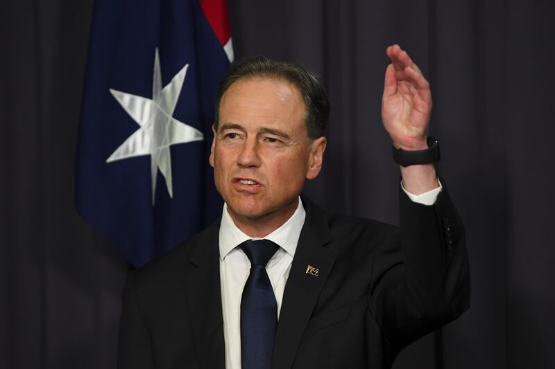 Australian Health Minister Greg Hunt at a press conference at Parliament House in Canberra.  Two cases of the recently discovered Omicron variant were detected in New South Wales.   EPA