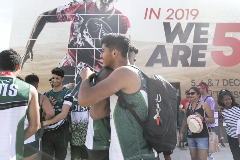 DUBAI, UNITED ARAB EMIRATES - DECEMBER 1, 2018. 

DEIRA INTERNATIONAL SCHOOL team win the Gulf Under 19 Semi final match on the final day of this year's Dubai Rugby Sevens.

(Photo by Reem Mohammed/The National)

Reporter: 
Section:  NA POAN