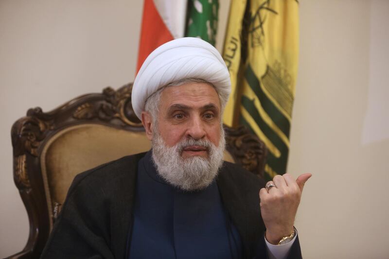Lebanon's Hezbollah deputy leader Sheikh Naim Qassem gestures as he speaks during an interview with Reuters in Beirut, Lebanon March 15, 2018. REUTERS/Aziz Taher