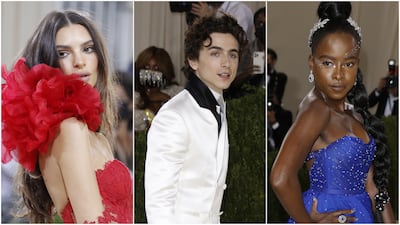 Emily Ratajkowski, Timothee Chalamet and Amanda Gorman were among the stars to colour-block in red, white and blue. EPA, AP