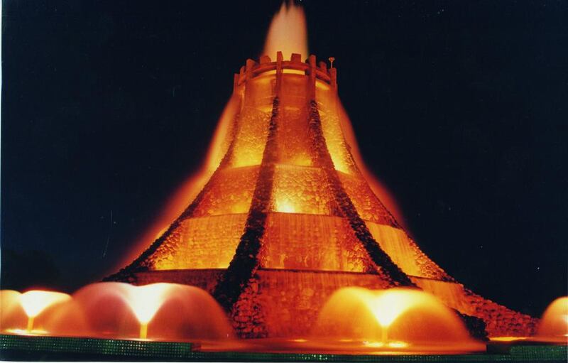 Illuminated by red light, Volcano Fountain looks striking against the night sky. Courtesy: Al Ittihad