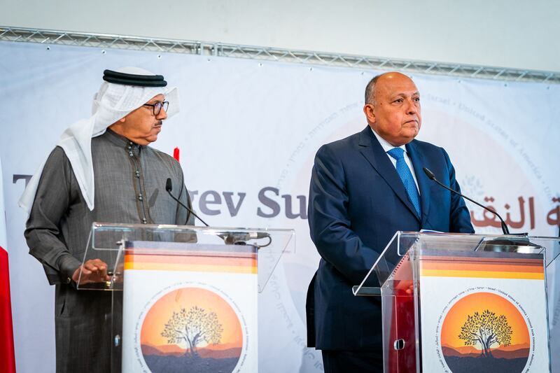 Bahrain's Foreign Minister Abdullatif bin Rashid al-Zayani and Egypt's Foreign Minister Sameh Shoukry during the Negev summit in the Israeli kibbutz of Sde Boker. WAM