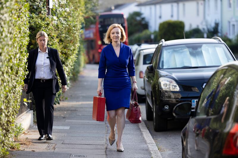 Liz Truss leaves her home in London before her campaign launch in July. Getty Images