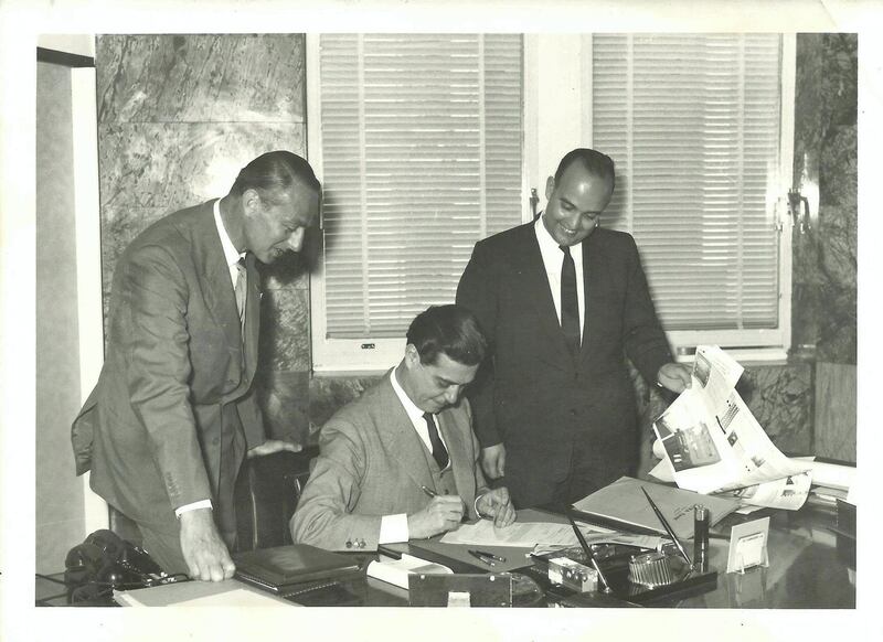 Yusuf Beidas (c) at Intra Bank offices in downtown Beirut in the 1950s.