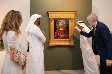 Dubai, United Arab Emirates-From Left: Katia Nounou, Head of Sotheby's UAE, His Highness Shiekh Zayed Bin Sultan Bin Khalifa Al Nahyan, His Excellency Zaki Nusseibeh, Cultural Advisor to H.H the President of the UAE and Chancellor of UAEU, Christopher Apostle, Sotherby's Head of Old Master Paintings in New York at the unveilling and exhibit of the Masterpiece of Artist Sandro Botticelli late career "The Man of Sorrows" at Sotherby's Dubai in DIFC. Ryan Lim for The National for Samia Badih Story