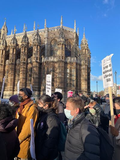 A coalition of organisations gathered outside of the Houses of Parliament on Wednesday to protest against the Nationality and Borders Bill ahead of its second reading debate at the House of Lords on Wednesday 5th January. Layla Maghribi / The National
