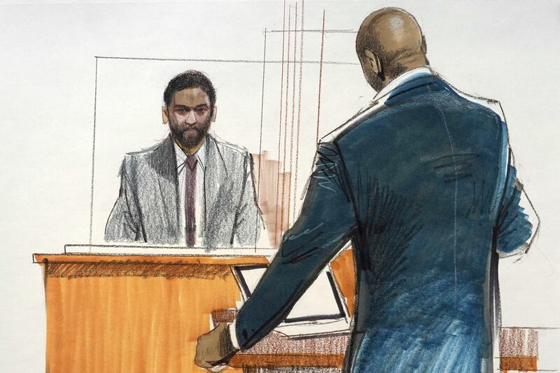 A sketch showing Smollett being questioned by his defense attorney Nenye Uche. AP