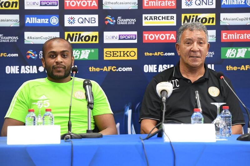 Al Jazira captain Ali Khasheif and manager Henk ten Cate speak to the media ahead of the Asian Champions League last-16 tie against Persepolis. Courtesy Al Jazira FC