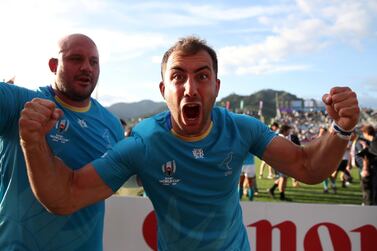 Rugby Union - Rugby World Cup 2019 - Pool D - Fiji v Uruguay - Kamaishi Recovery Memorial Stadium, Kamaishi, Japan - September 25, 2019 Uruguay's Gaston Mieres and Juan Rombys celebrate victory REUTERS/Peter Cziborra TPX IMAGES OF THE DAY