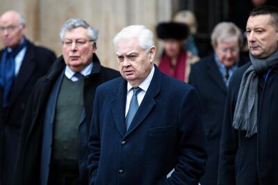 LONDON, ENGLAND - JANUARY 31: Conservative politician Norman Lamont (C) leaves following a memorial service for Conservative Peer Lord Carrington at Westminster Abbey on January 31, 2019 in London, England. Peter Carington, 6th Baron Carrington held the positions of Secretary General Of NATO, Foreign Secretary, Defence Secretary High Commissioner to Australia, First Lord of the Admiralty among others during his career that spanned seven decades. He was Foreign Minister during the Falklands War and resigned having failed to foresee the Argentinian Invasion. Educated at Eton and the Royal Military College, Sandhurst, his political career was preceded by military service where he fought in the 2nd World War for which he received a Military Cross. He died on the 9th July 2018. His son, also Lord Carrington, has replaced his father in the House of Lords. (Photo by Jack Taylor/Getty Images)