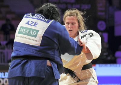 Abu Dhabi, United Arab Emirates - October 28th, 2017: Tessie Savelkouls (white) competes against Iryna Kindzerska in the Gold medal match in the +78kg weight category at the ninth staging of the Abu Dhabi Grand Slam which is the fourth of the five World Tour events of the International Judo. Saturday, October 28th, 2017 at Corniche, Abu Dhabi. Chris Whiteoak / The National