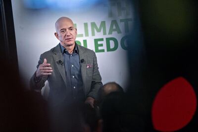 Jeff Bezos, founder and chief executive officer of Amazon.com Inc., speaks during a news conference at the National Press Club in Washington, D.C., U.S., on Thursday, Sept. 19, 2019. Bezos spoke about Amazons sustainability efforts a day before workers around the world, including more than 1,000 of his own employees, are scheduled to walk out to spotlight climate change. Photographer: Andrew Harrer/Bloomberg