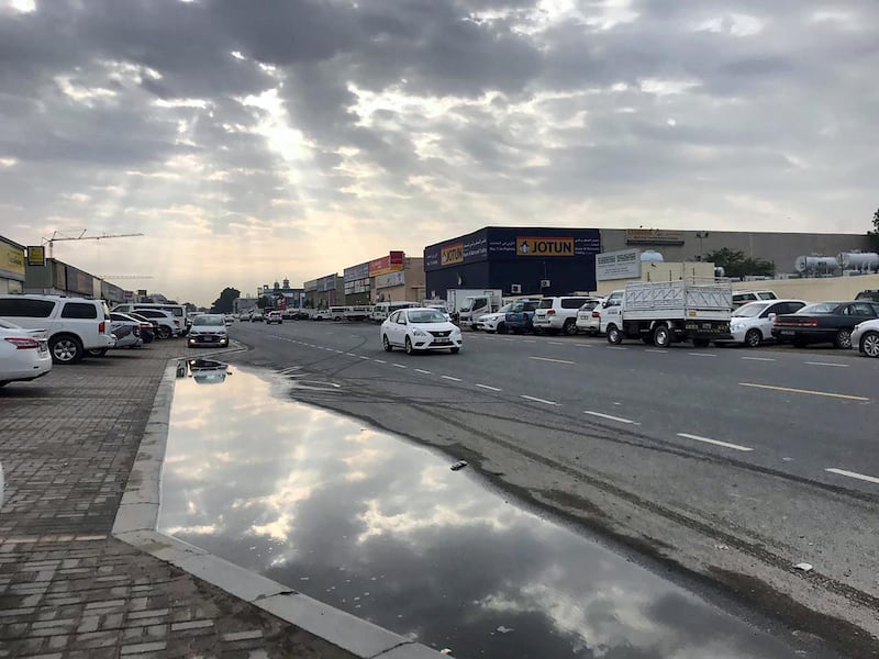 Al Quoz industrial area was hit by flooding after a heavy downpour of rain overnight in Dubai. Leslie Pableo for The National