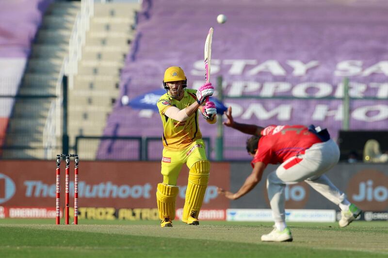 Faf du Plessis of Chennai Superkings plays a shot during match 53 of season 13 of the Dream 11 Indian Premier League (IPL) between the Chennai Super Kings and the Kings XI Punjab at the Sheikh Zayed Stadium, Abu Dhabi  in the United Arab Emirates on the 1st November 2020.  Photo by: Vipin Pawar  / Sportzpics for BCCI