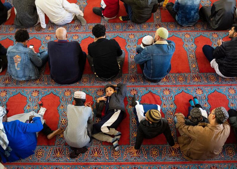 Worshipers pray as they mark Eid Al-Fitr at the Nizamiye Mosque, Johannesburg, South Africa.  EPA