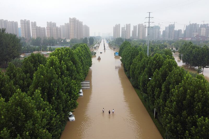 Aerial view of a flooded road after heavy rains in Zhengzhou, Henan province, China. Reuters