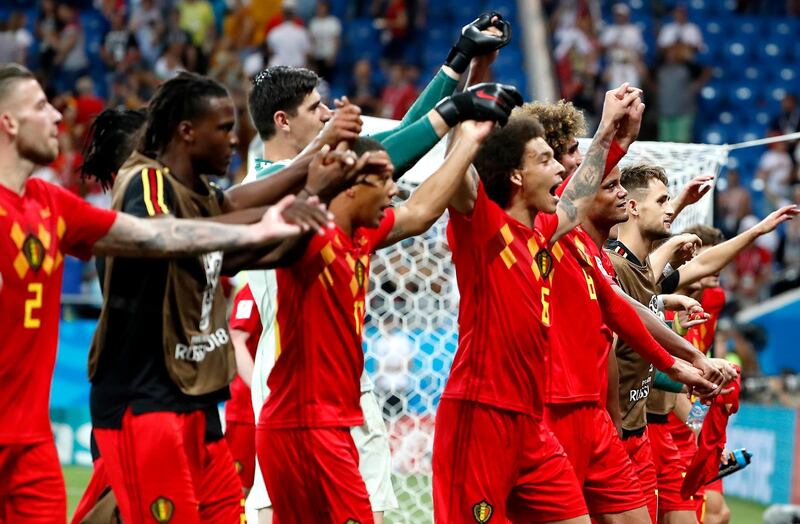 epa06859546 Players of Belgium celebrate after the FIFA World Cup 2018 round of 16 soccer match between Belgium and Japan in Rostov-On-Don, Russia, 02 July 2018.

(RESTRICTIONS APPLY: Editorial Use Only, not used in association with any commercial entity - Images must not be used in any form of alert service or push service of any kind including via mobile alert services, downloads to mobile devices or MMS messaging - Images must appear as still images and must not emulate match action video footage - No alteration is made to, and no text or image is superimposed over, any published image which: (a) intentionally obscures or removes a sponsor identification image; or (b) adds or overlays the commercial identification of any third party which is not officially associated with the FIFA World Cup)  EPA/FRANCIS R. MALASIG   EDITORIAL USE ONLY