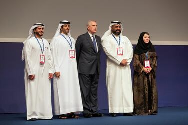 Pitch@Palace winners at Emirates Palace with Prince Andrew, from left, Abdulla Al Shammari, Saif Aldarmaki, Alharith Alatawi and Hala Ahmed Sulaiman of Alrawi Antonie Robertson / The National