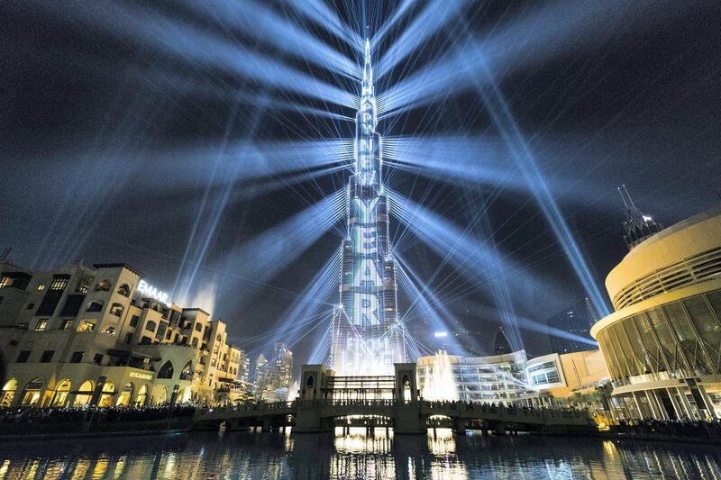 Dubai, United Arab Emirates, January 1, 2018:    New Years Eve celebrations at the Burj Khalifa on Emaar Boulvard in the downtown area of Dubai on January 1, 2018. Christopher Pike / The National

Reporter:  N/A
Section: News