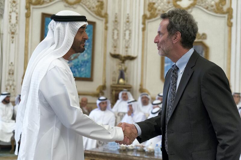 ABU DHABI, UNITED ARAB EMIRATES - October 07, 2019: HH Sheikh Mohamed bin Zayed Al Nahyan, Crown Prince of Abu Dhabi and Deputy Supreme Commander of the UAE Armed Forces (L), receives a participant in the Qudwa Forum (R), during a Sea Palace barza. 


( Rashed Al Mansoori / Ministry of Presidential Affairs )
---