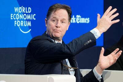 Nick Clegg, president for global affairs at Meta, speaks during the World Economic Forum in Davos, on Thursday. AP