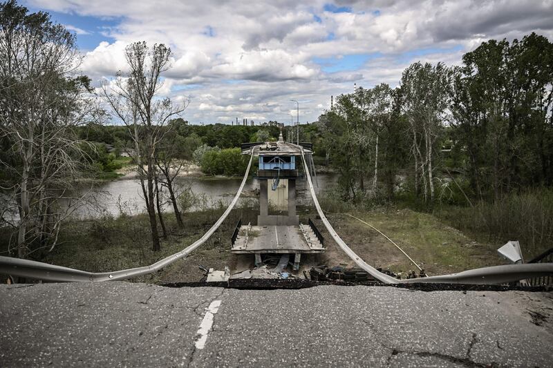 A bridge connecting the cities of Lysychansk and Severodonetsk in the eastern Ukrainian region of Donbas, destroyed to slow the Russian advance. AFP