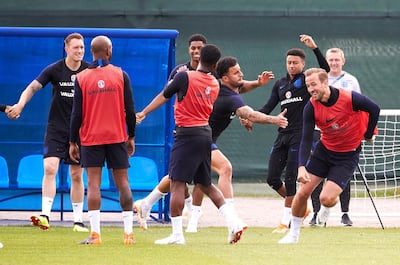 SAINT PETERSBURG, RUSSIA - JUNE 17:  Kyle Walker and Harry Kane of England enjoy a drill during a training session during the England Media Access at (VENUE) on June 17, 2018 in Saint Petersburg, Russia.  (Photo by Oleg Nikishin/Getty Images)