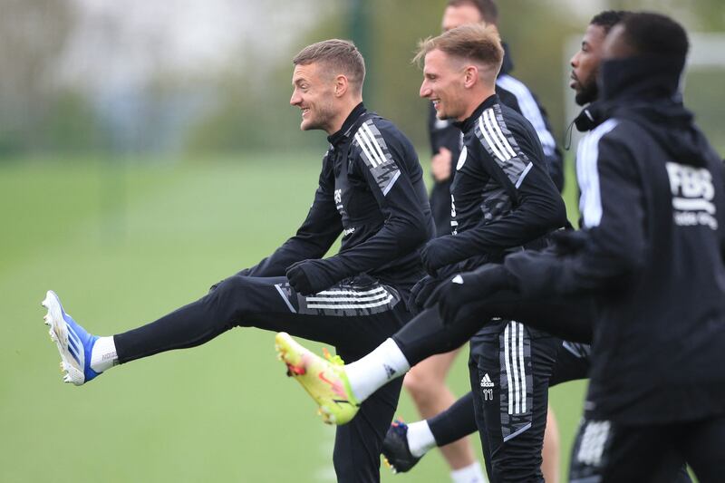 Leicester striker Jamie Vardy, left, during training. AFP