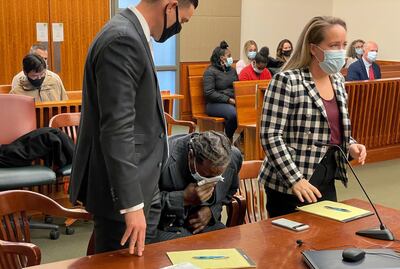 Anthony Broadwater breaks down on November 22, in Syracuse, New York, when a judge overturned his 40-year-old rape conviction. AP