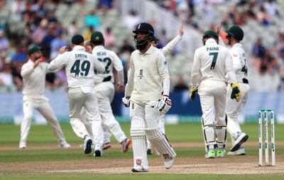 England's Moeen Ali reacts after his dismissal during day five of the Ashes Test match at Edgbaston, Birmingham. PRESS ASSOCIATION Photo. Picture date: Monday August 5, 2019. See PA story CRICKET England. Photo credit should read: Mike Egerton/PA Wire. RESTRICTIONS: Editorial use only. No commercial use without prior written consent of the ECB. Still image use only. No moving images to emulate broadcast. No removing or obscuring of sponsor logos