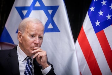 US President Joe Biden pauses during a meeting with Israeli Prime Minister Benjamin Netanyahu in Tel Aviv, Israel, 18 October 2023.  President Biden pledged US support for Israel and said the overnight attack on a hospital in the Gaza strip 'appears' to have been caused 'by the other team'.   EPA / MIRIAM ALSTER  /  POOL