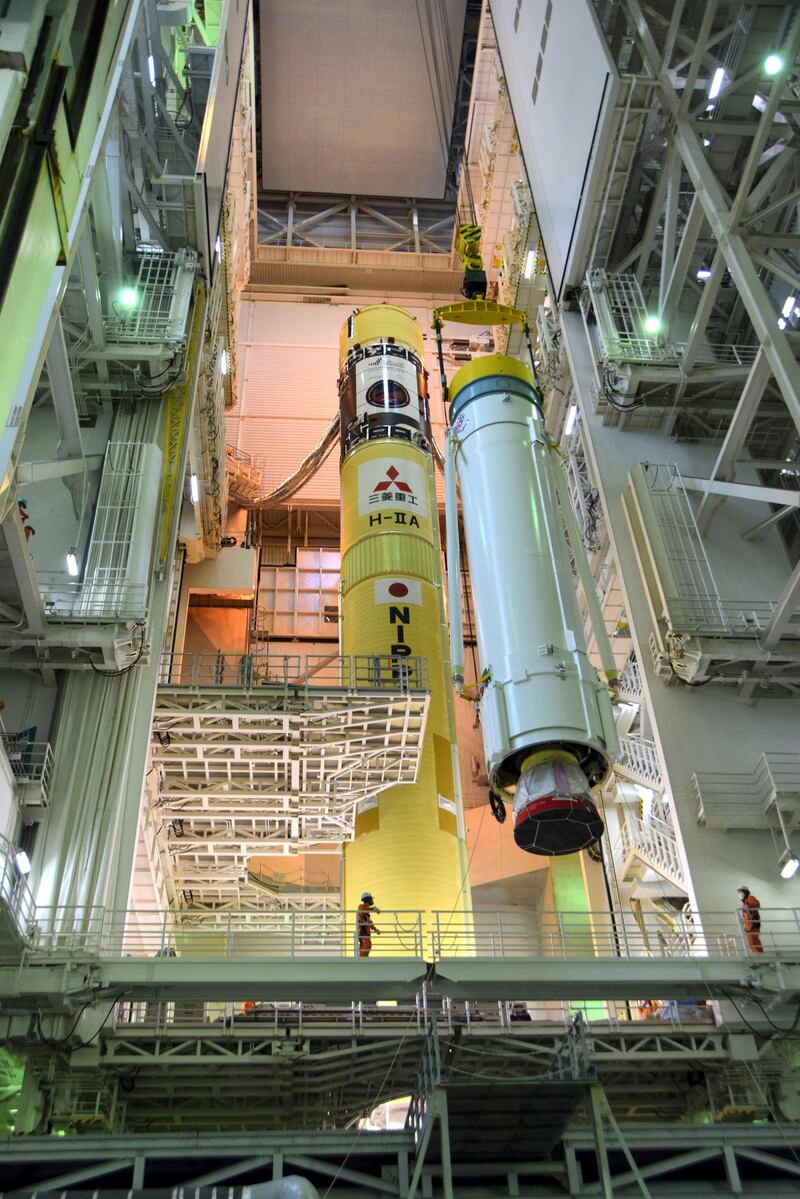 A Mitsubishi H-IIA rocket fitted with the Hope probe at Tanegashima Space Centre in Japan. The launch was postponed twice this week due to unstable weather. Courtesy: Mitsubishi Heavy Industries