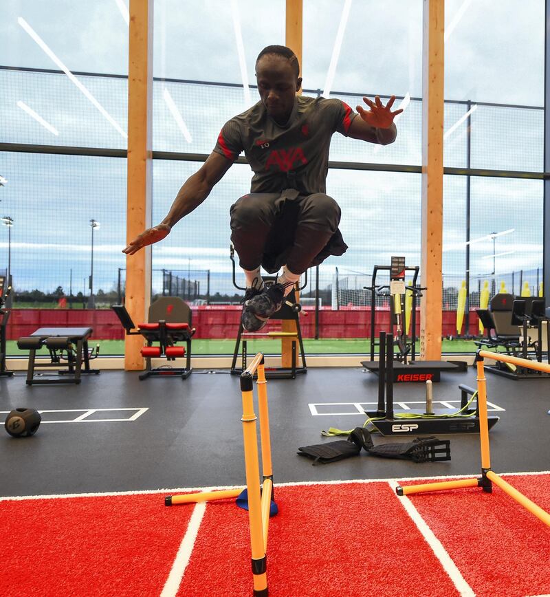 KIRKBY, ENGLAND - NOVEMBER 19: (THE SUN OUT, THE SUN ON SUNDAY OUT) Sadio Mane of Liverpool during a gym training session at AXA Training Centre on November 19, 2020 in Kirkby, England. (Photo by Andrew Powell/Liverpool FC via Getty Images)