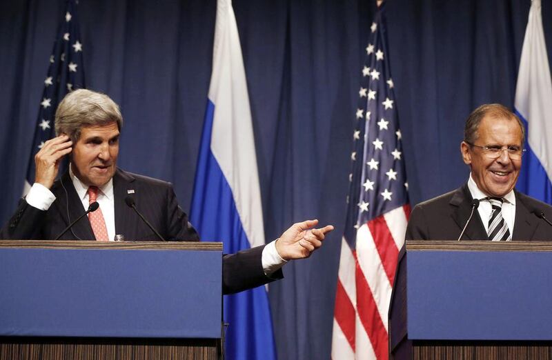 After a meeting in Geneva, the US secretary of state, John Kerry, left, and the Russian foreign minister Sergei Lavrov, yesterday said they had agrees a framework for Syria to destroy its chemical weapons, and would seek a UN resolution to authorise sanctions if the regime failed to comply. Larry Downing / AP Photo