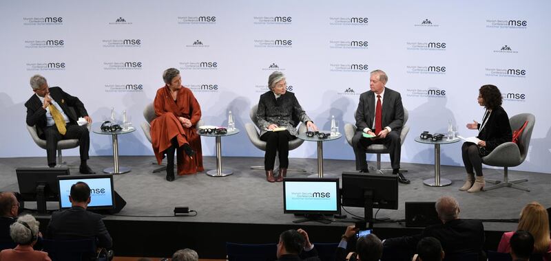 Indian Foreign Minister Subrahmanyam Jaishankar, European Commissioner 'A Europe Fit for the Digital Age' Margrethe Vestager, South Korean Foreign Minister Kang Kyung-wha, US Senator Lindsey Graham, and host Amrita Narlikar during a panel discussion 'Westlessness in the West: Multilateralism in a Changing International Order' at the 56th Munich Security Conference (MSC) in Munich, Germany.  EPA