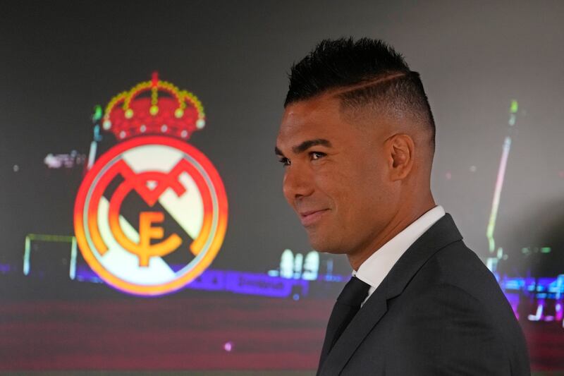 Brazilian player Casemiro arrives at his farewell press conference at Real Madrid's training ground. AP