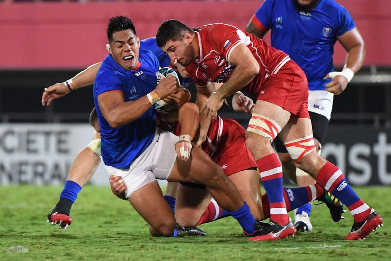 6 Tagir Gadzhiev (Russia)
As a former MMA fighter, he might be used to having his nose broken. So playing the majority of his second game in four days with tissues stuffed up his nostrils, as he did against Samoa, was probably no problem. AFP